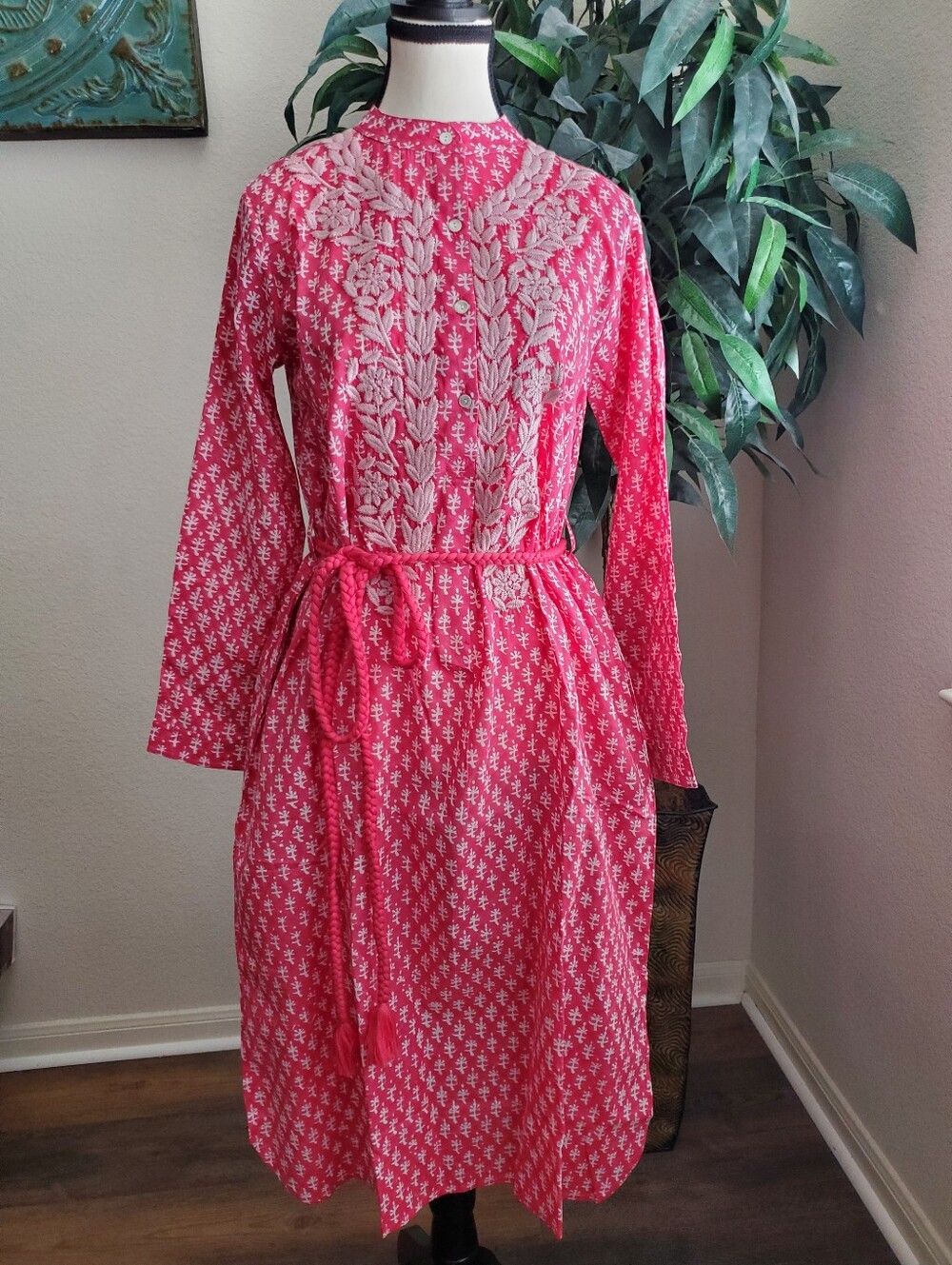 Ex Voto Ivy Caftan Embroidered Dress With Rope Tie XS